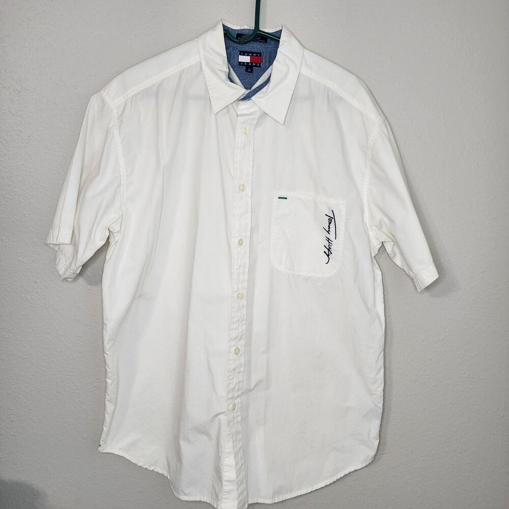 Tommy Hilfiger Jeans White Short Sleeve Button Up Shirt Size Large Green Stitch